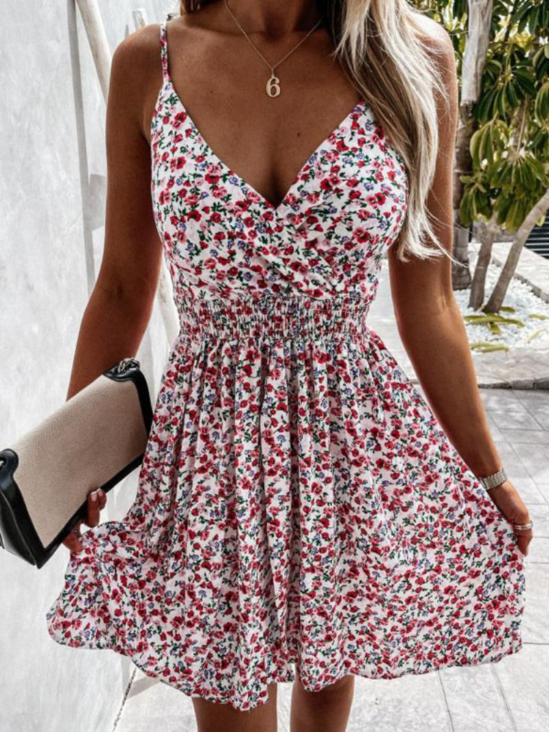 Vestido Feminino Verão Branco Com Decote Em V Mangas Estampa Floral Midi Praia - Branco