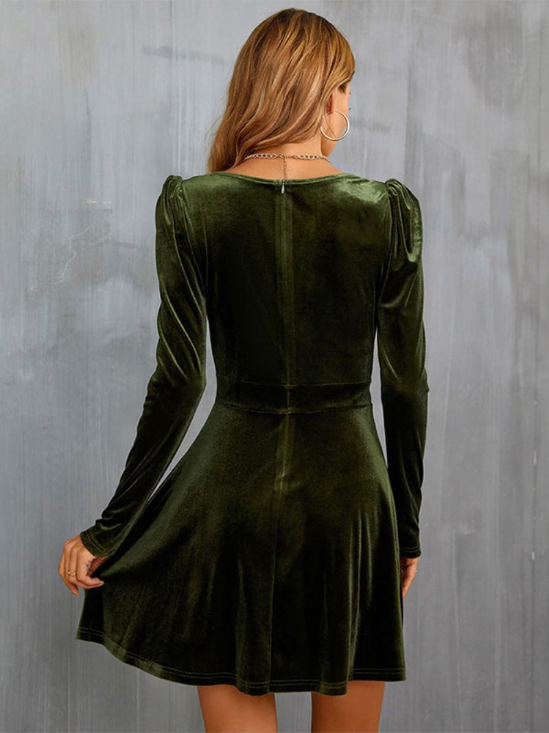 Vestidos Roupas Femininas Vestido Veludo Verde Caçador Mangas Compridas Com Decote Em V - Verde Caçador