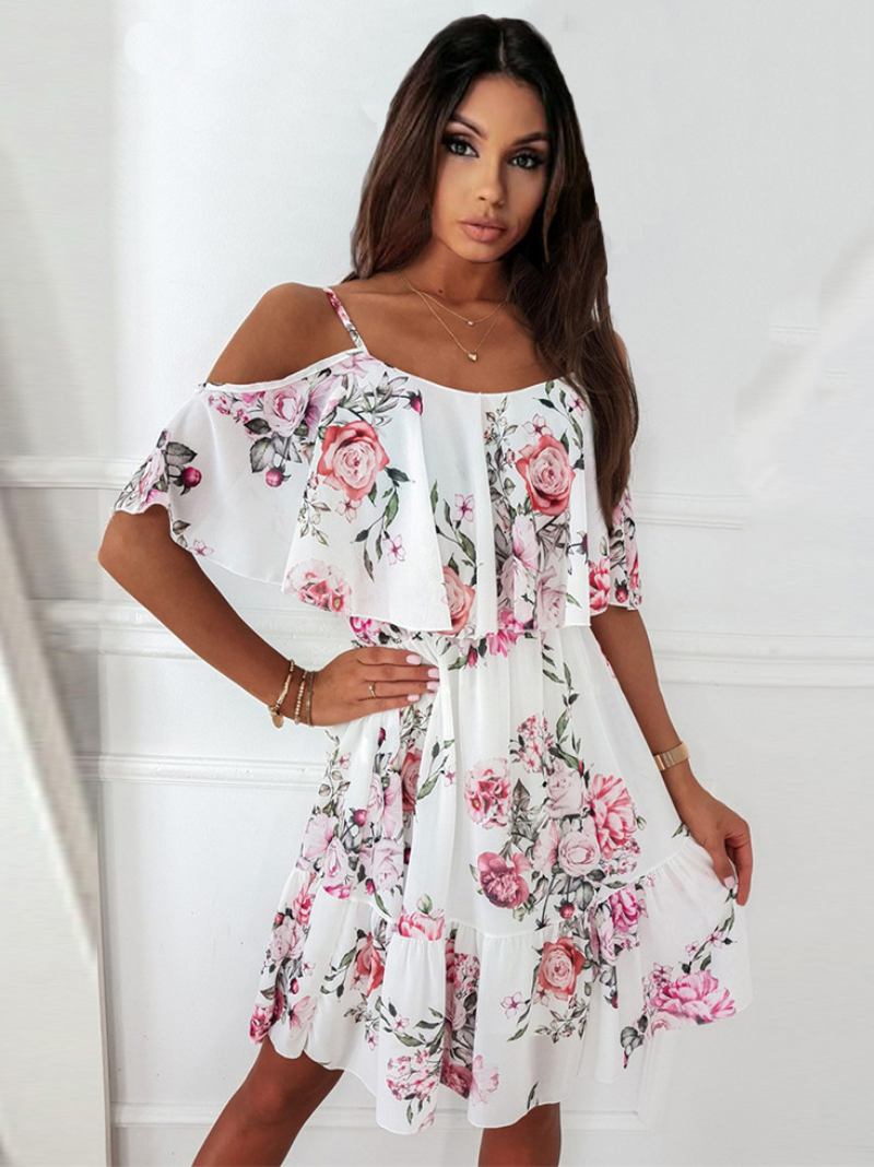 Vestidos Skatistas Femininos Estampa Floral Alças Pescoço Rosa Sexy Meia Manga Ajuste E Vestido Flare - Branco