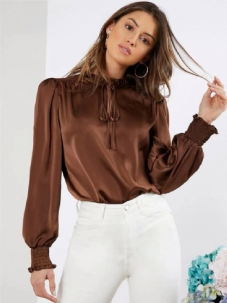 Blusa Cetim Com Gola Redonda Manga Balão Babados Renda Top Feminino