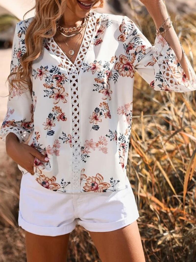 Blusa Feminina Branca Com Decote Em V Casual Estampa Floral Recortada Meia Manga Tops - Branco