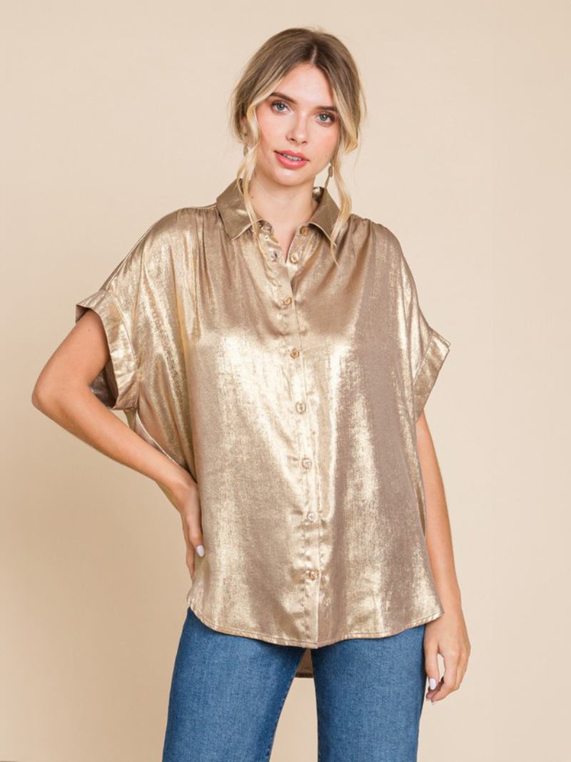 Blusa Feminina Branca Oversized Plissada Gola Aberta Manga Curta Casual Tops Poliéster - Dourado