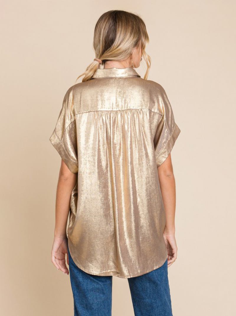 Blusa Feminina Branca Oversized Plissada Gola Aberta Manga Curta Casual Tops Poliéster - Dourado