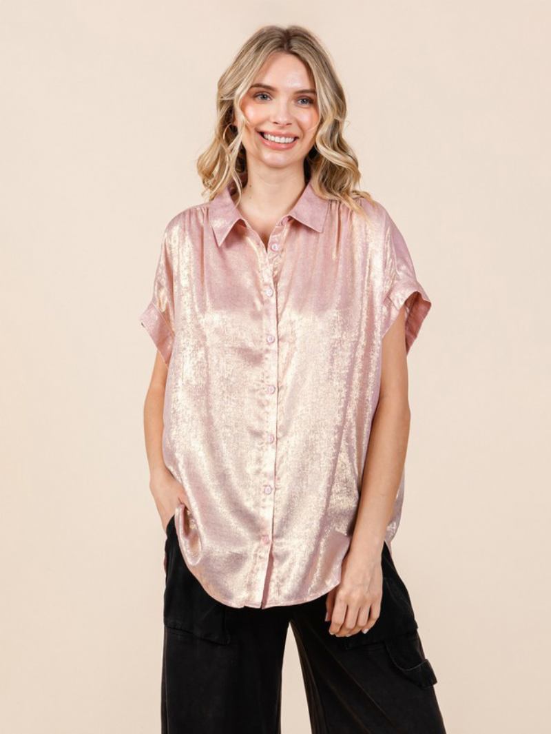 Blusa Feminina Branca Oversized Plissada Gola Aberta Manga Curta Casual Tops Poliéster - Rosa