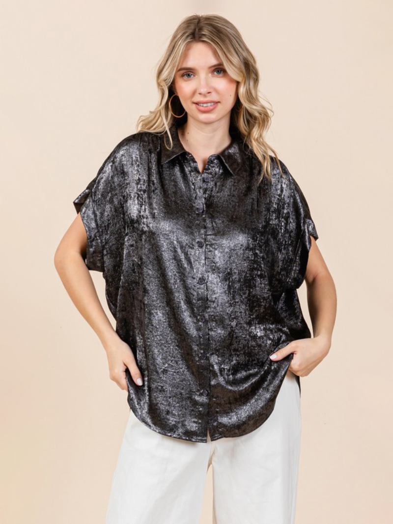 Blusa Feminina Branca Oversized Plissada Gola Aberta Manga Curta Casual Tops Poliéster - Preto