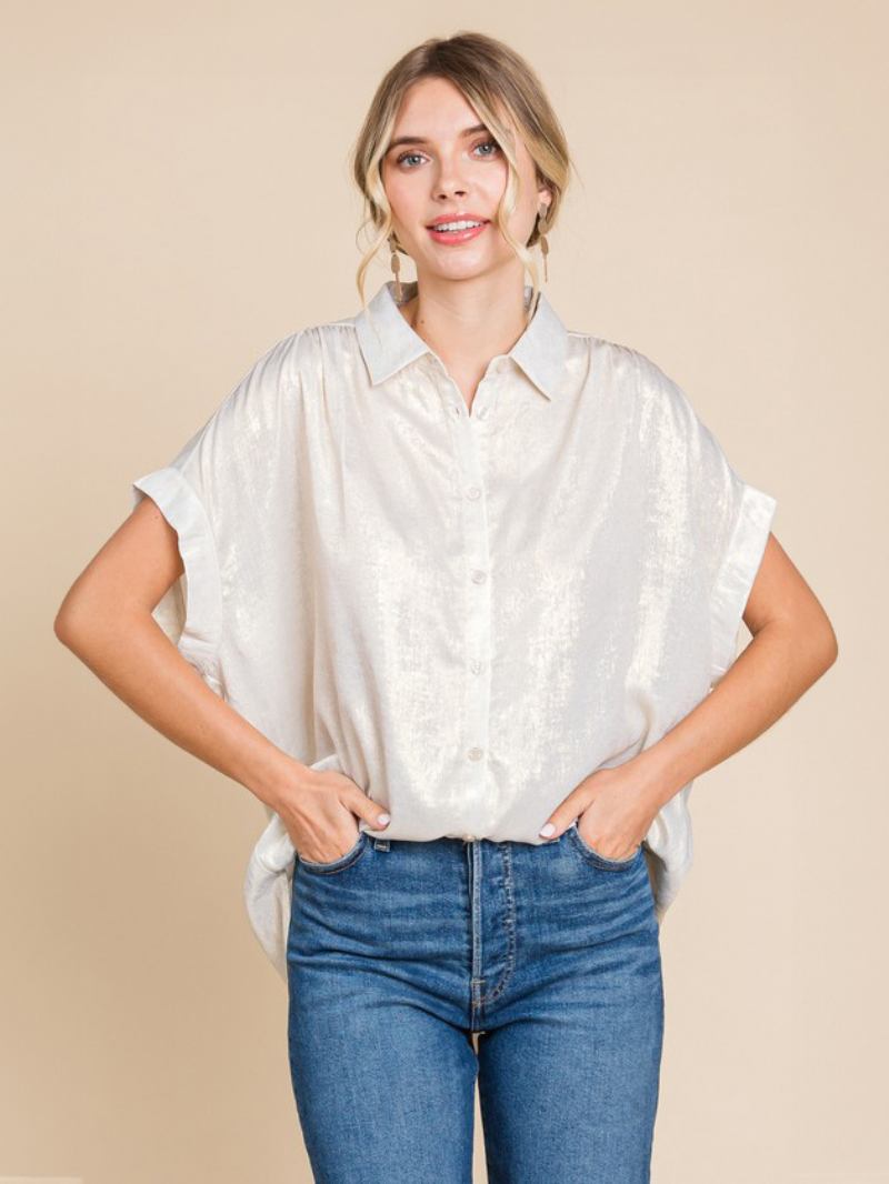 Blusa Feminina Branca Oversized Plissada Gola Aberta Manga Curta Casual Tops Poliéster - Branco