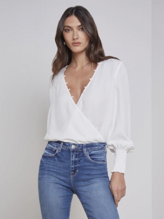 Blusa Feminina Branca Oversized Plissada Gola Embelezada Chique Mangas Compridas Tops Poliéster