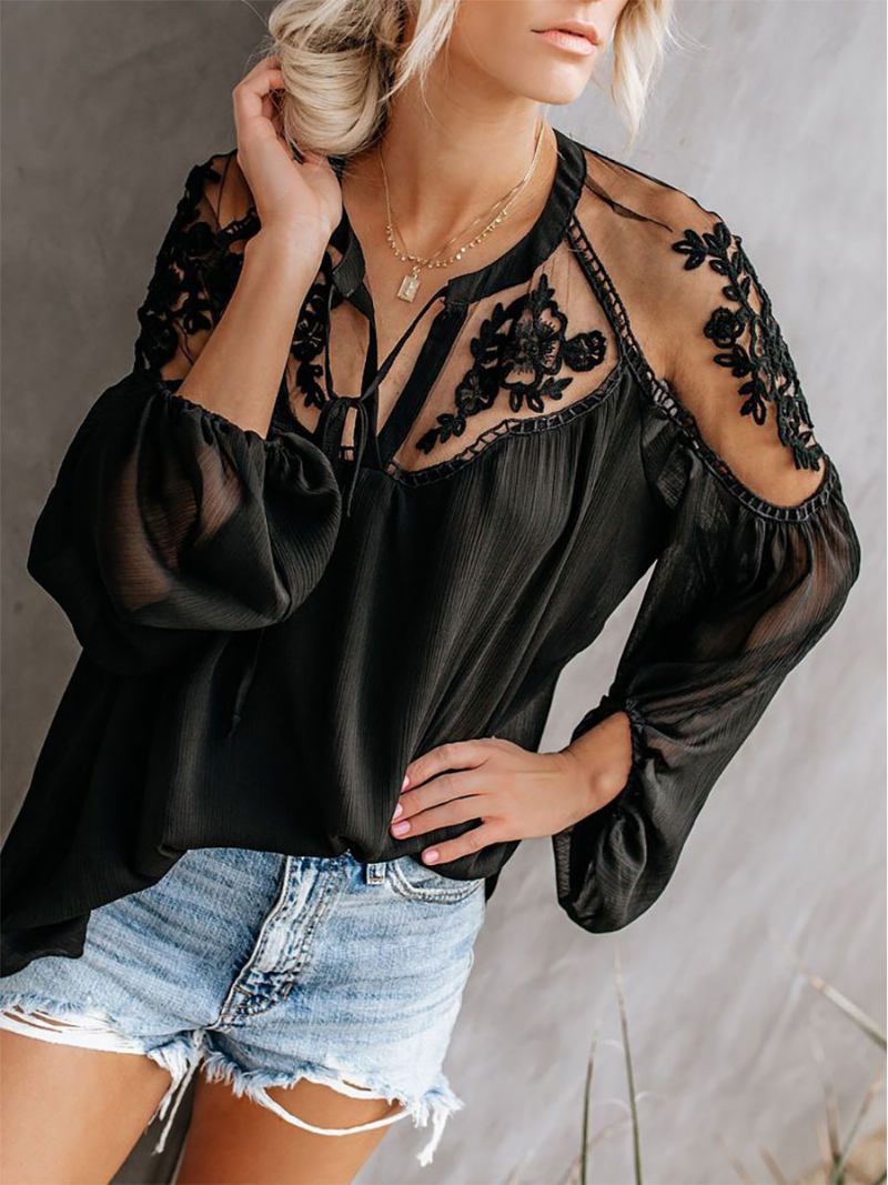 Blusa Feminina Branca Transparente Com Flores Bordadas Boêmia Manga Comprida - Preto