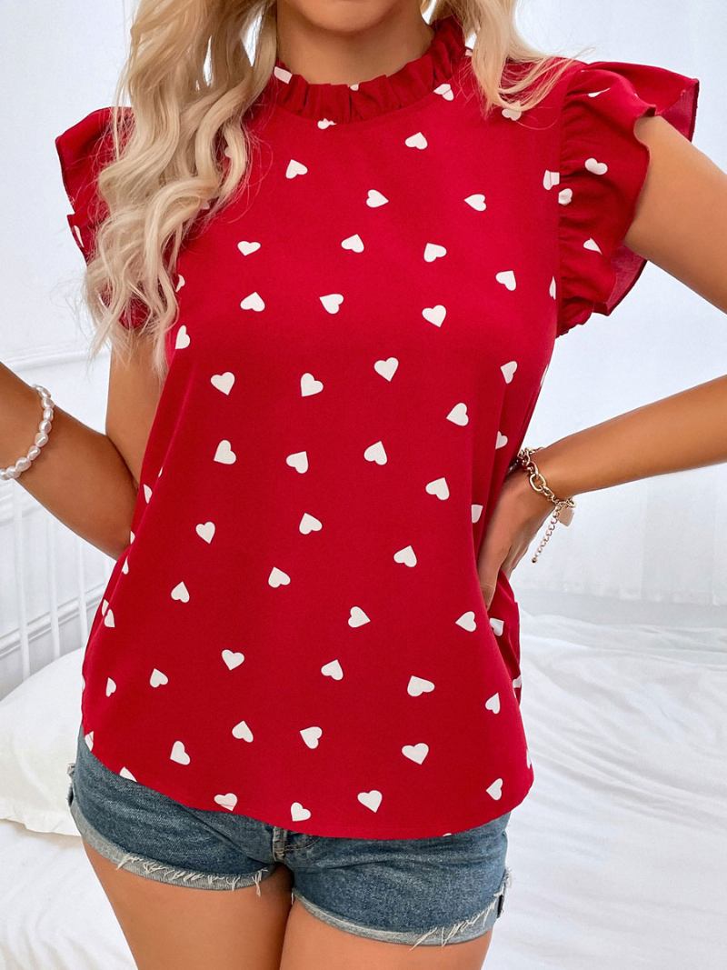 Blusa Feminina Chiffon Marinho Escuro Com Gola Joia Botões Casuais Mangas Curtas - Vermelho