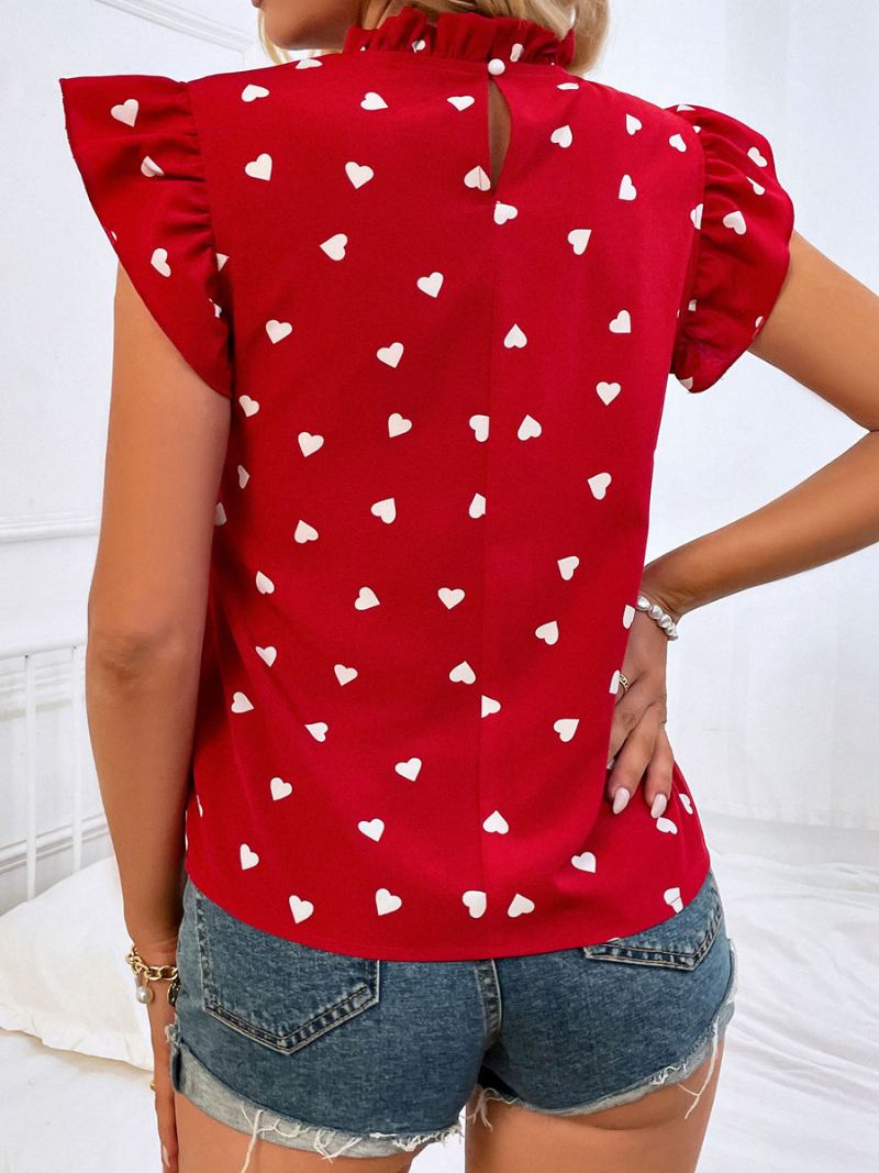 Blusa Feminina Chiffon Marinho Escuro Com Gola Joia Botões Casuais Mangas Curtas - Vermelho