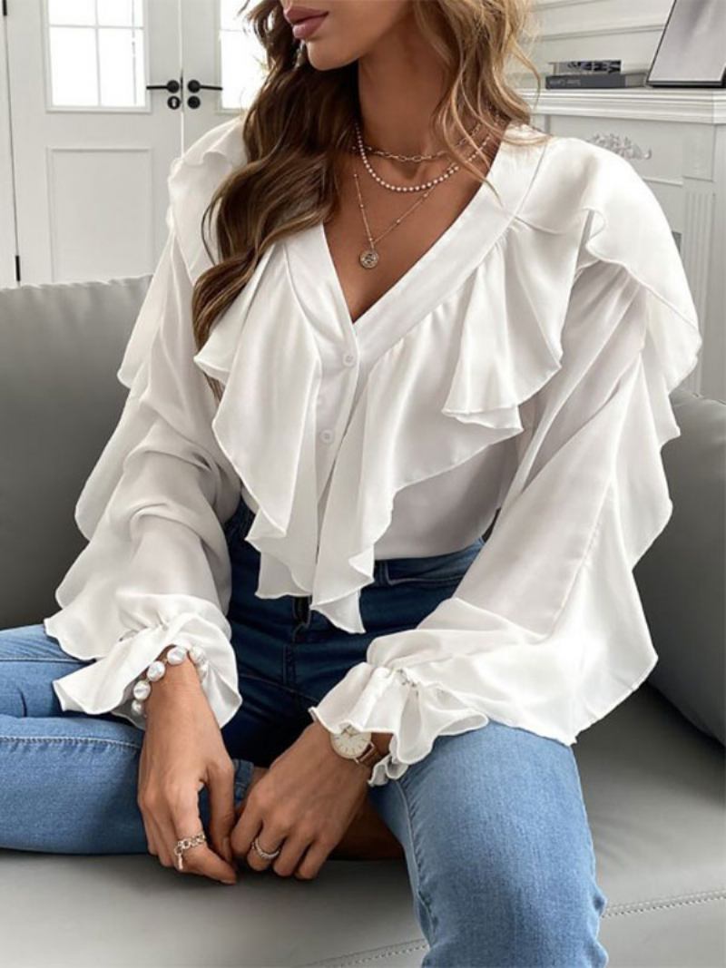 Blusa Feminina Com Botões Brancos E Babados Decote Em V Casual Mangas Compridas - Branco