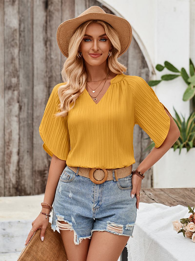 Blusa Feminina Com Decote Em V Manga Curta Listras Diárias Casual Tops - Amarelo