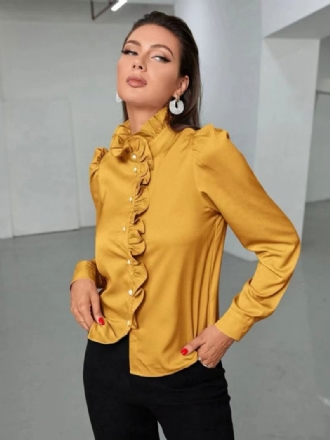 Blusa Feminina Dourada Gola Alta Casual Botões Babados Em Cascata Mangas Compridas Tops