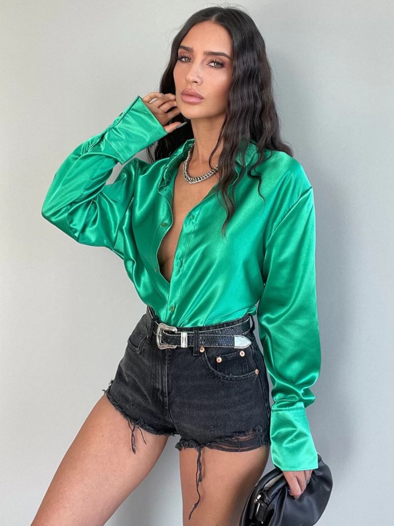 Blusa Feminina Mangas Compridas Com Botões Casual Primavera Outono Em Cor Sólida - Verde