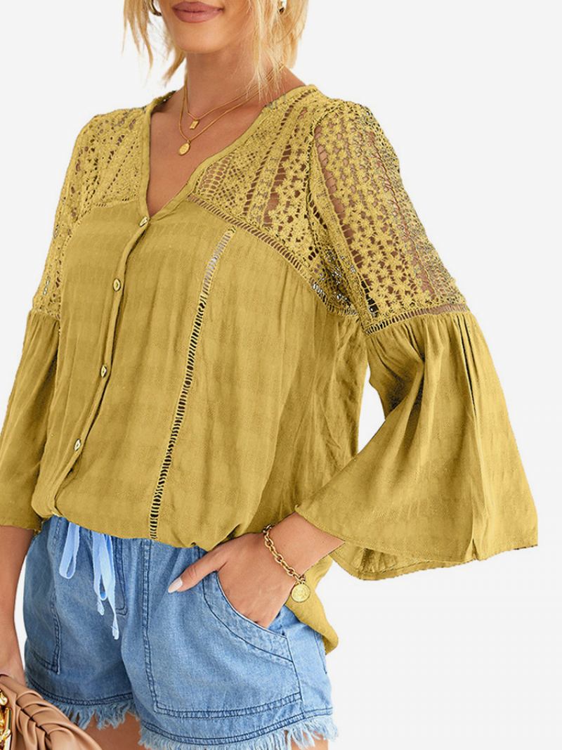 Blusa Feminina Poliéster Branco Com Decote Em V Elegante Crochê Manga Comprida Tops - Amarelo