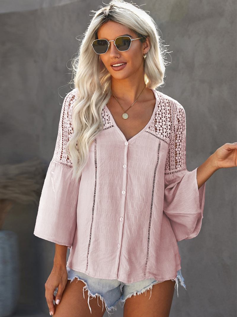 Blusa Feminina Poliéster Branco Com Decote Em V Elegante Crochê Manga Comprida Tops - Rosa