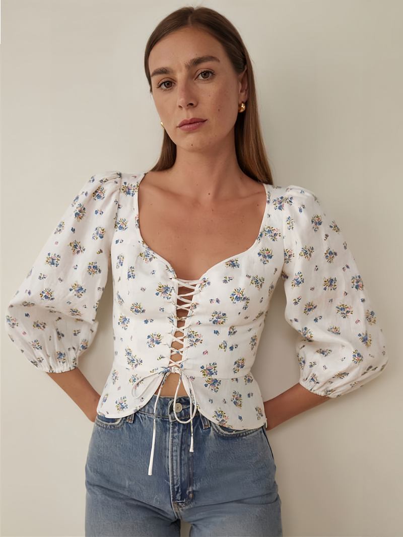 Blusa Feminina Poliéster Branco Com Gola Enfeitada Estampa Floral Sexy Renda E Mangas 3/4