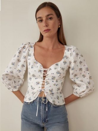 Blusa Feminina Poliéster Branco Com Gola Enfeitada Estampa Floral Sexy Renda E Mangas 3/4