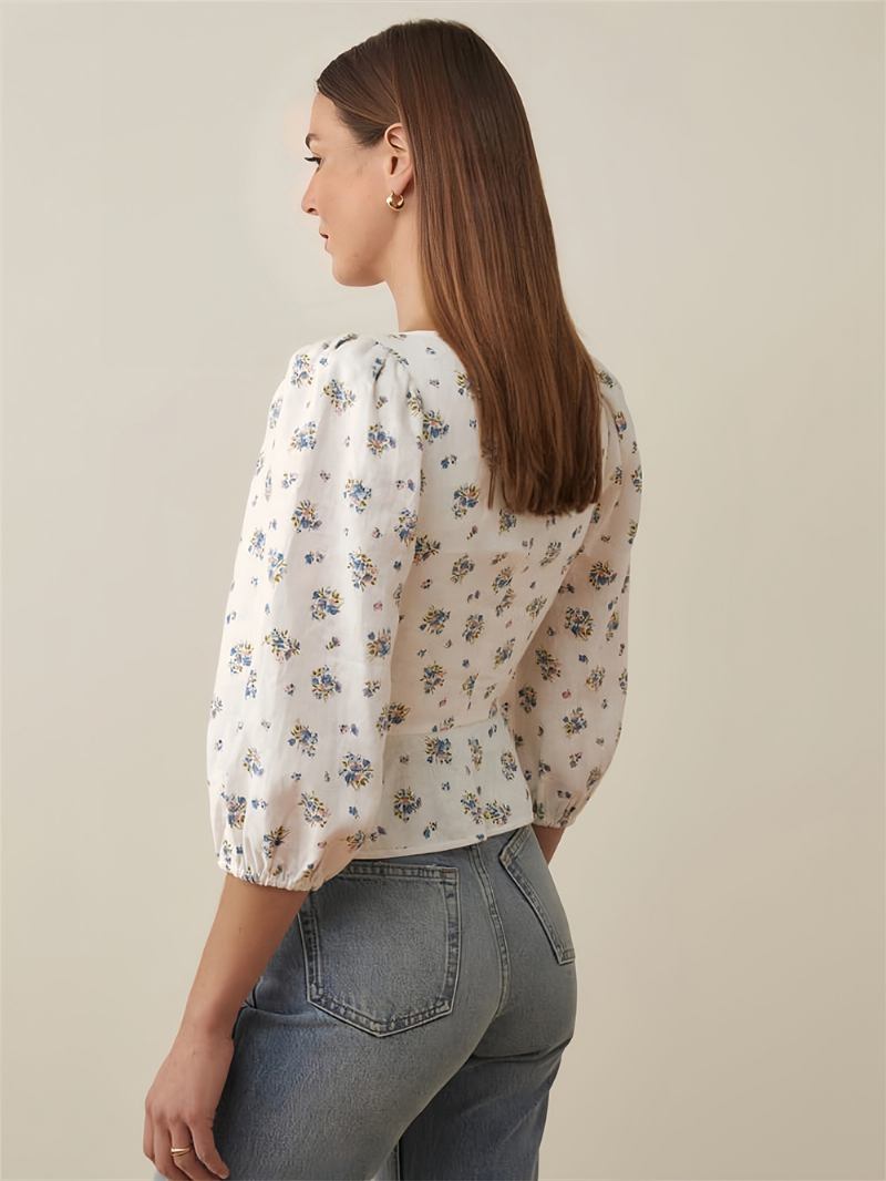 Blusa Feminina Poliéster Branco Com Gola Enfeitada Estampa Floral Sexy Renda E Mangas 3/4 - Branco