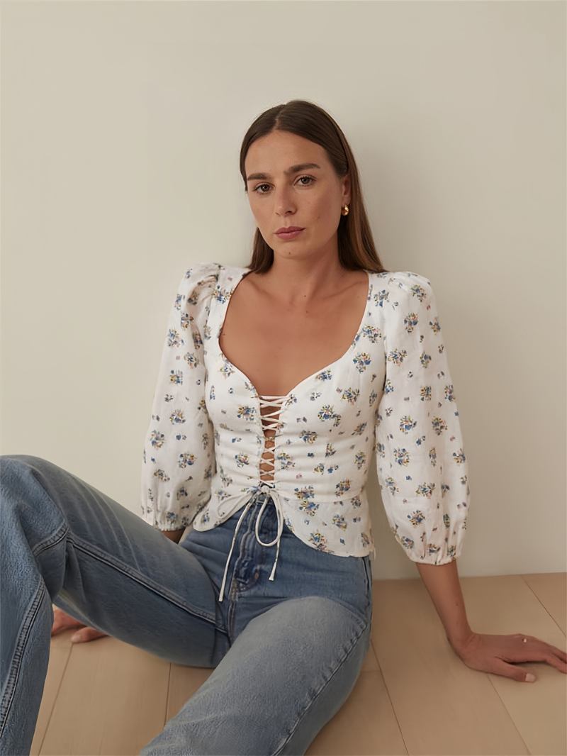 Blusa Feminina Poliéster Branco Com Gola Enfeitada Estampa Floral Sexy Renda E Mangas 3/4 - Branco