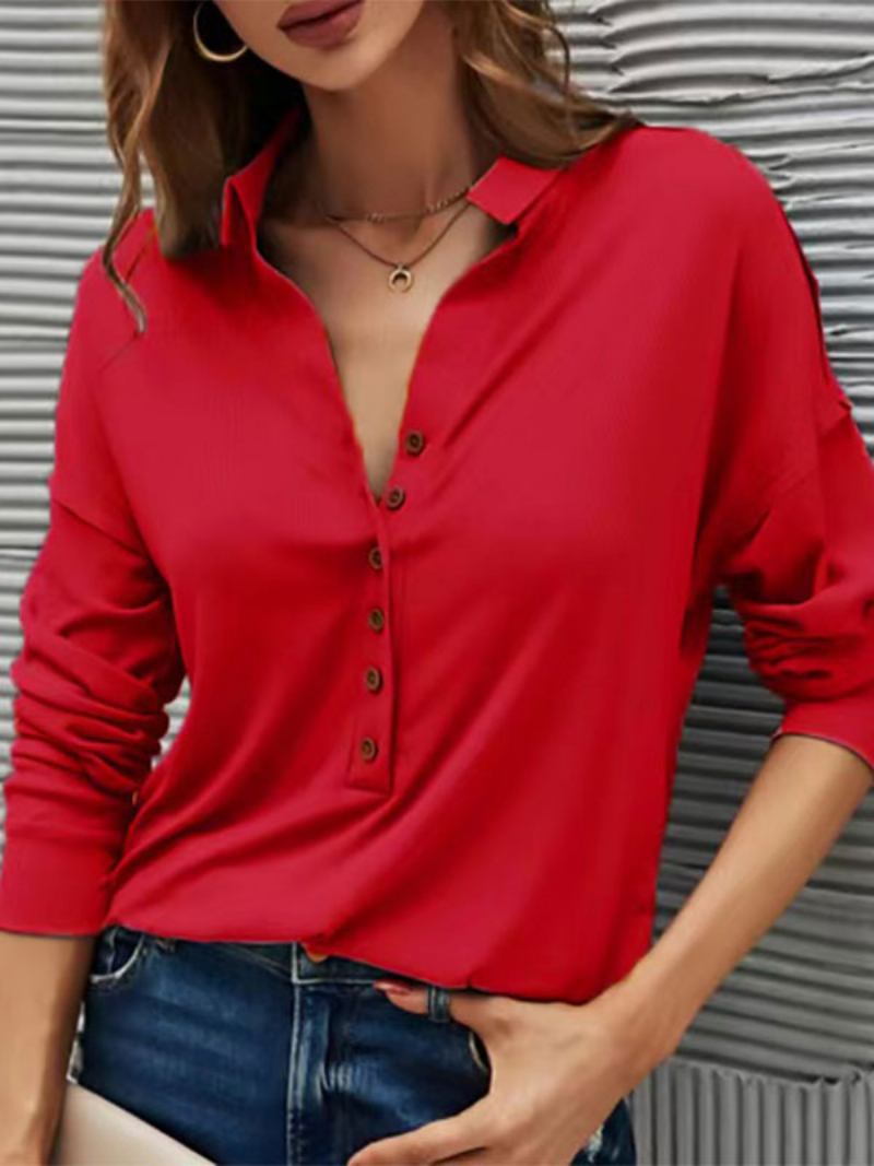 Blusa Feminina Preta Com Gola Aberta E Botões Casuais Manga Comprida - Vermelho