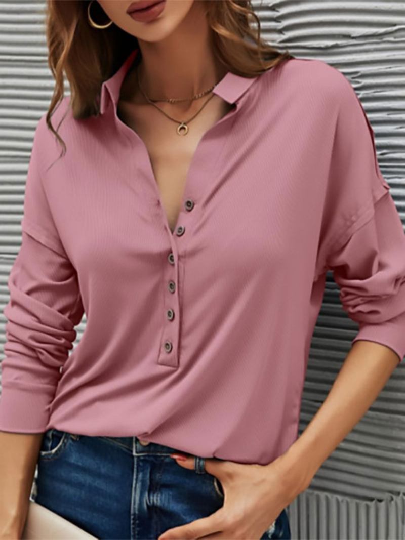 Blusa Feminina Preta Com Gola Aberta E Botões Casuais Manga Comprida - Vermelho Tijolo