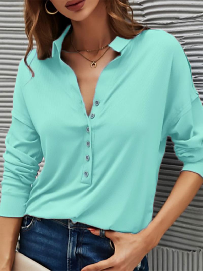 Blusa Feminina Preta Com Gola Aberta E Botões Casuais Manga Comprida - Azul Celeste Claro