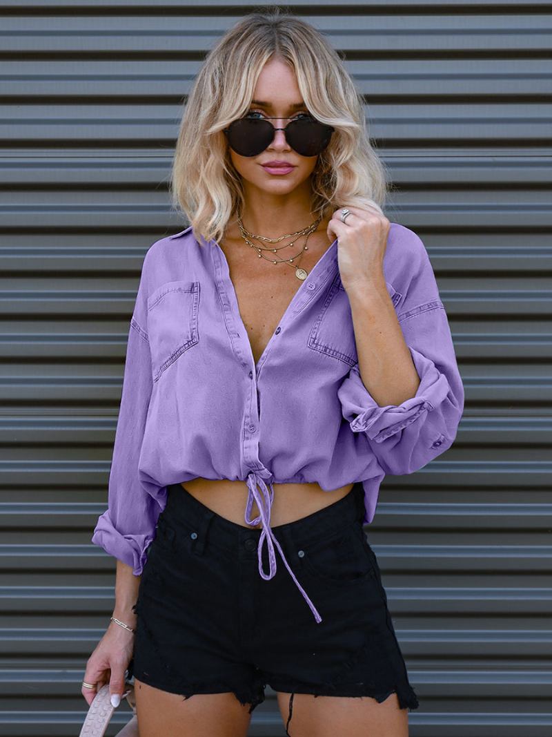 Blusa Jeans Feminina Ombro Caído Mangas Compridas Botões Rendas Até Tops - Roxo