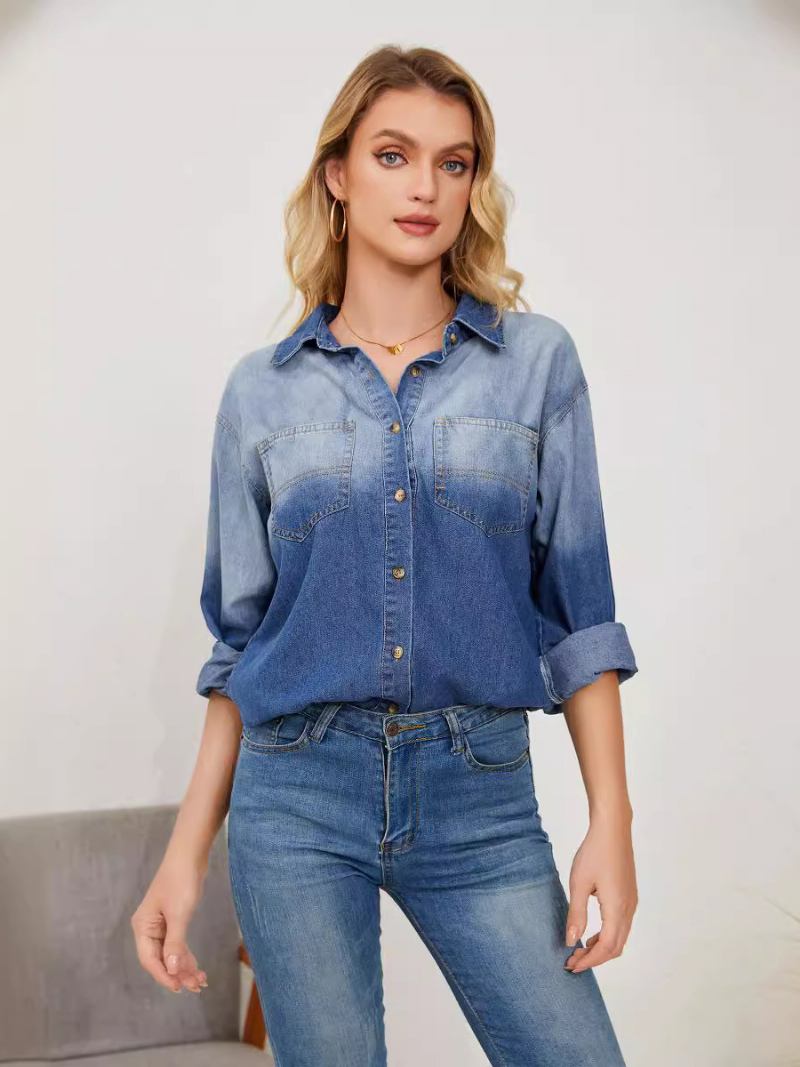 Blusa Jeans Gradiente Manga Comprida Botões Busniess Top Feminino Casual