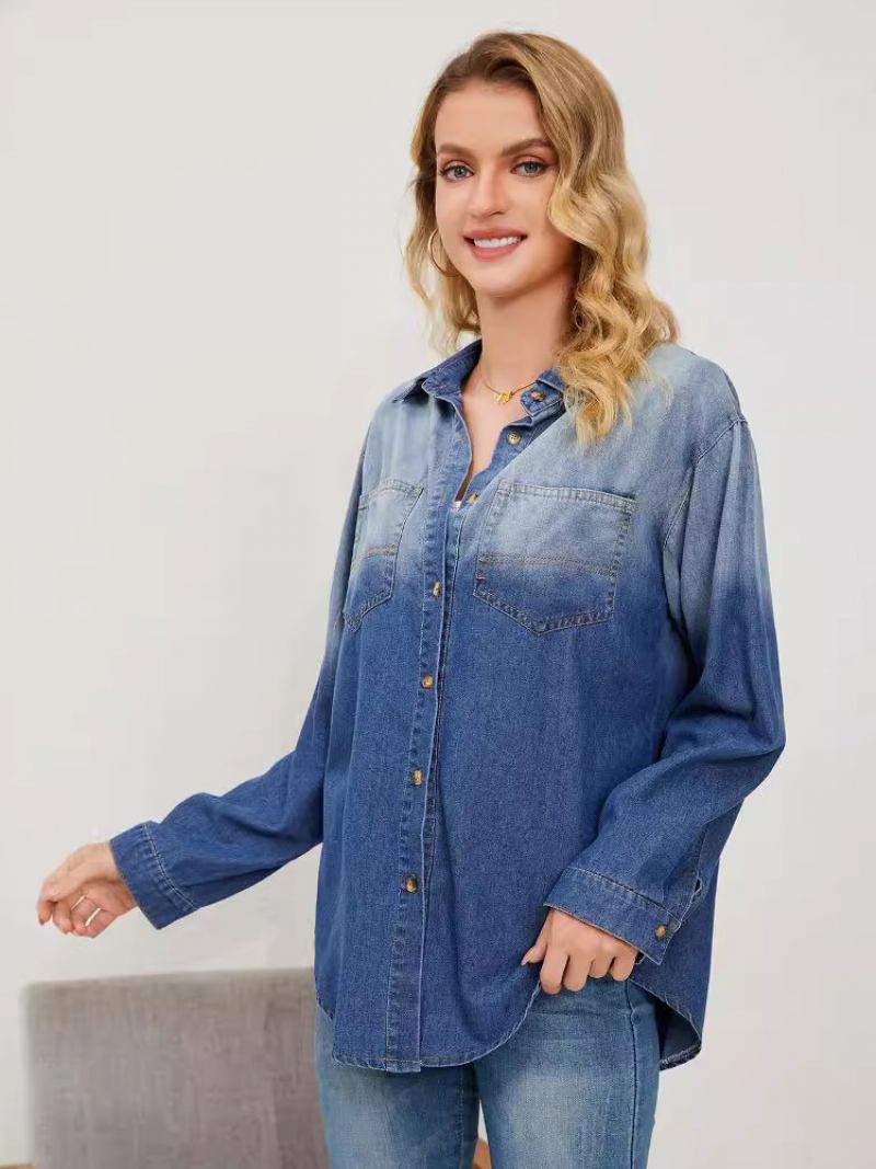 Blusa Jeans Gradiente Manga Comprida Botões Busniess Top Feminino Casual - Azul