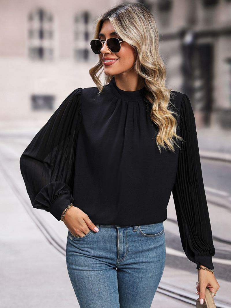 Blusa Preta Crewneck Elegante Mangas Compridas Tops Para Mulheres