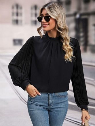 Blusa Preta Crewneck Elegante Mangas Compridas Tops Para Mulheres