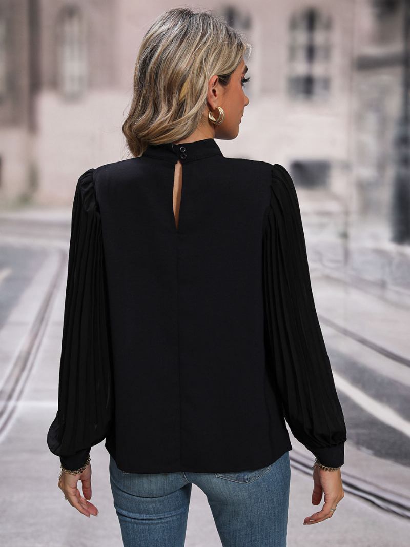 Blusa Preta Crewneck Elegante Mangas Compridas Tops Para Mulheres - Preto