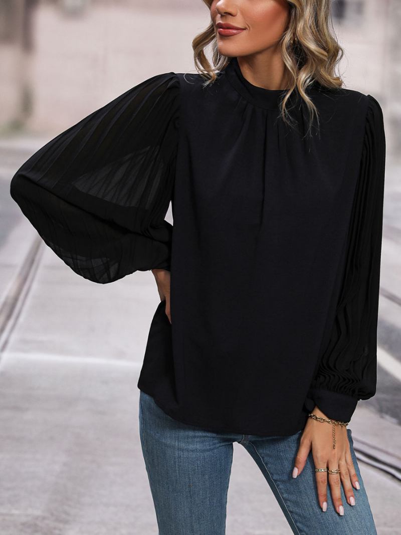 Blusa Preta Crewneck Elegante Mangas Compridas Tops Para Mulheres - Preto