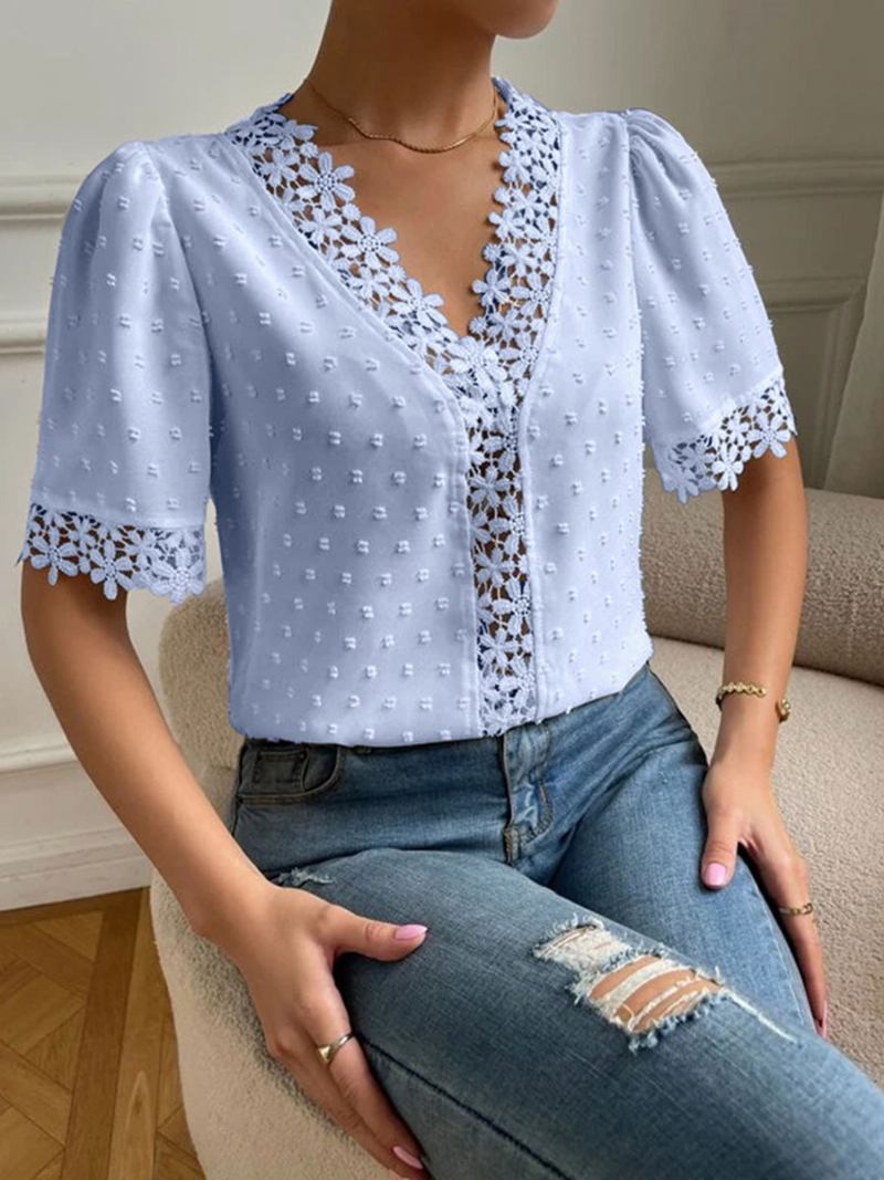 Camisa Feminina Branca Com Decote Em V Casual Manga Curta Tops - Azul Céu Claro