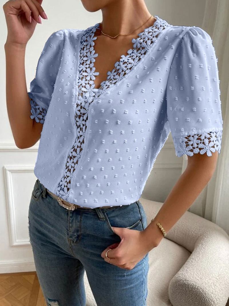 Camisa Feminina Branca Com Decote Em V Casual Manga Curta Tops - Azul Céu Claro