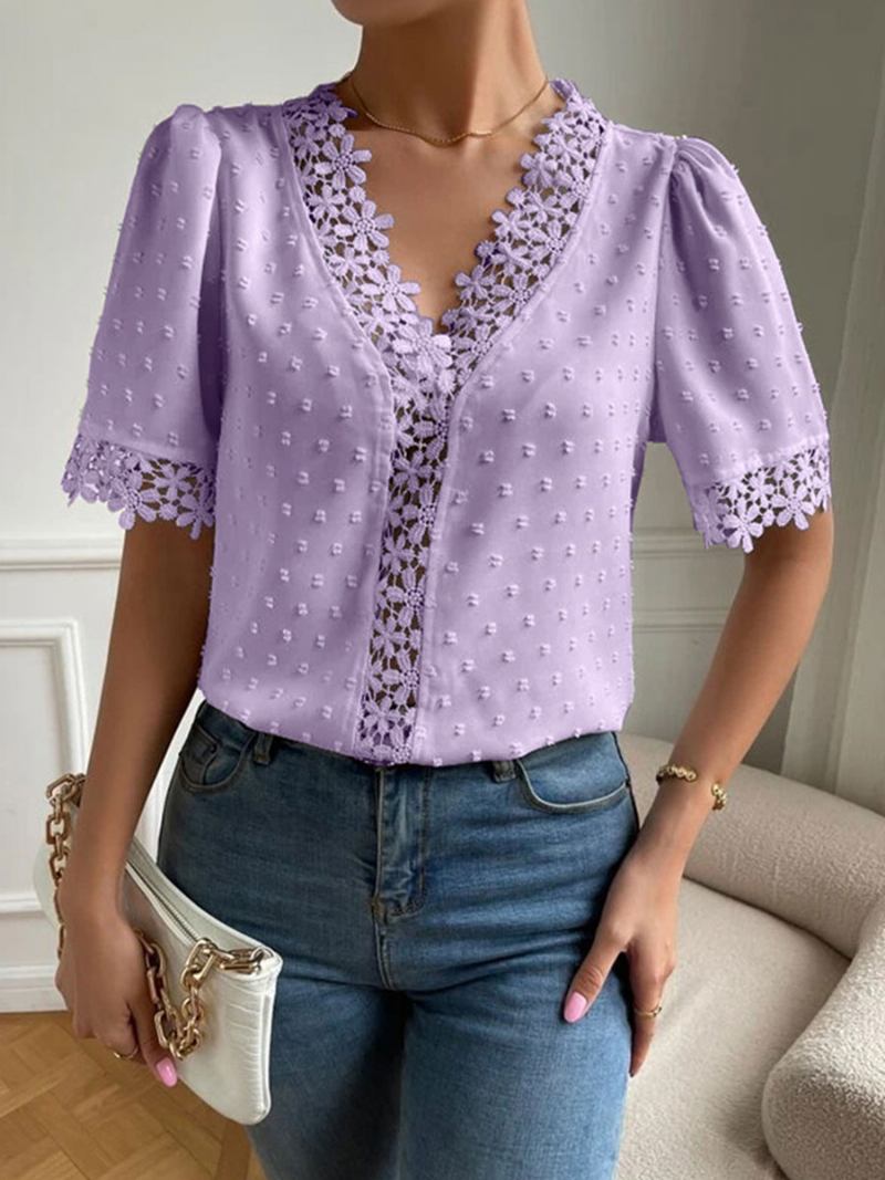 Camisa Feminina Branca Com Decote Em V Casual Manga Curta Tops - Lavanda