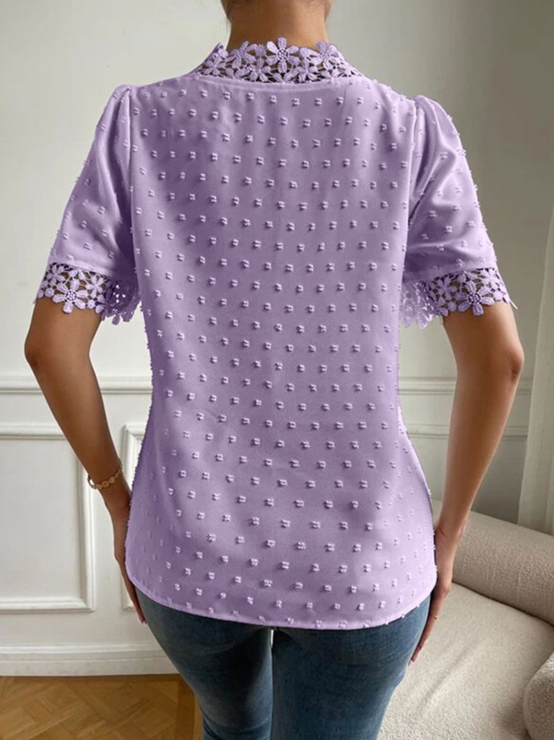 Camisa Feminina Branca Com Decote Em V Casual Manga Curta Tops - Lavanda