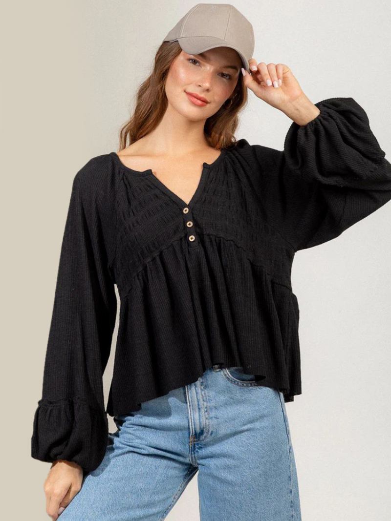 Camisa Feminina Preta Grande Plissada Com Decote Casual Manga Comprida Tops Poliéster - Preto