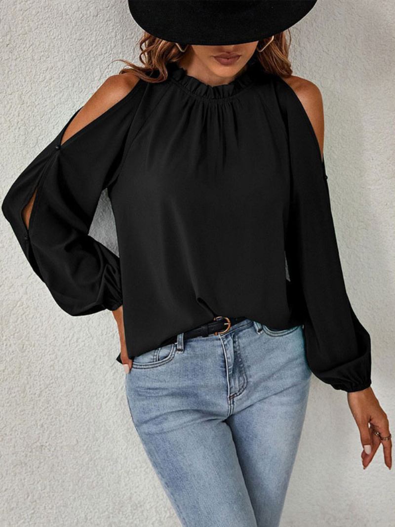 Camisa Feminina Vermelha Com Gola Redonda Casual Mangas Compridas - Preto