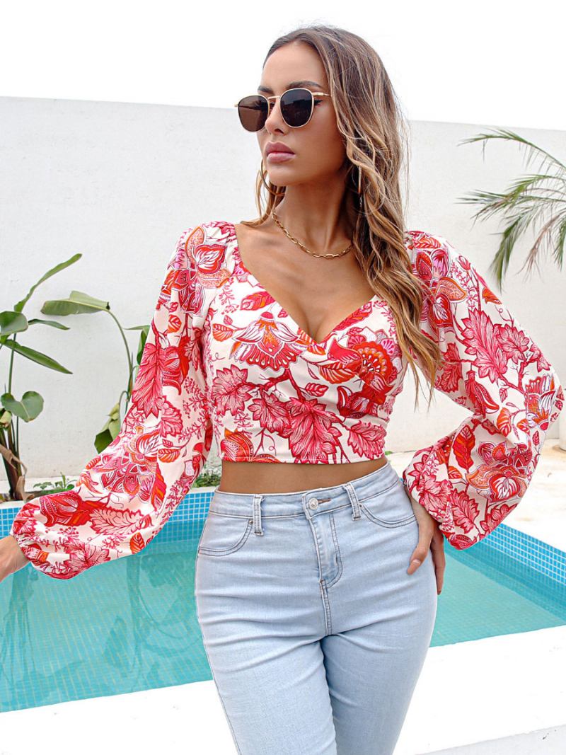 Camisa Feminina Vermelha Floral Estampada Com Decote Em V Sexy Manga Comprida Tops