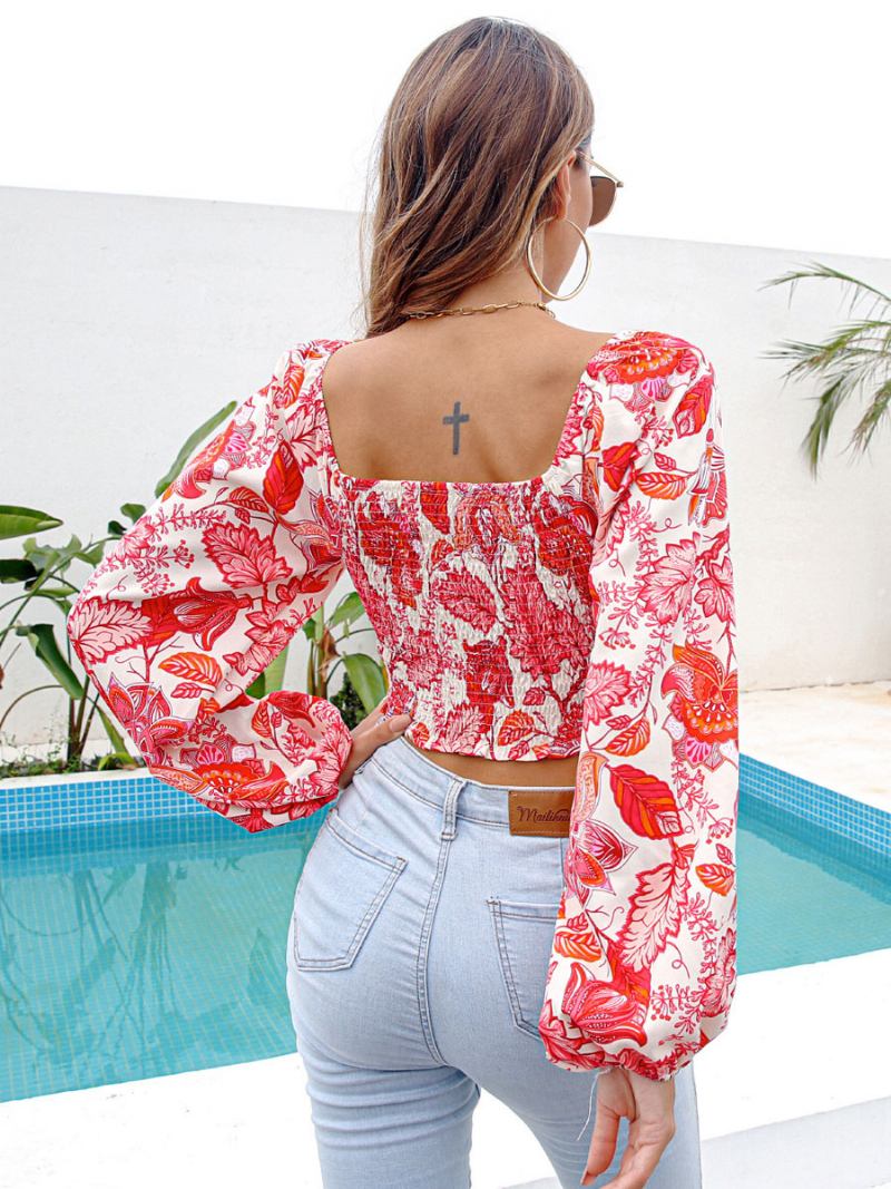 Camisa Feminina Vermelha Floral Estampada Com Decote Em V Sexy Manga Comprida Tops - Vermelho