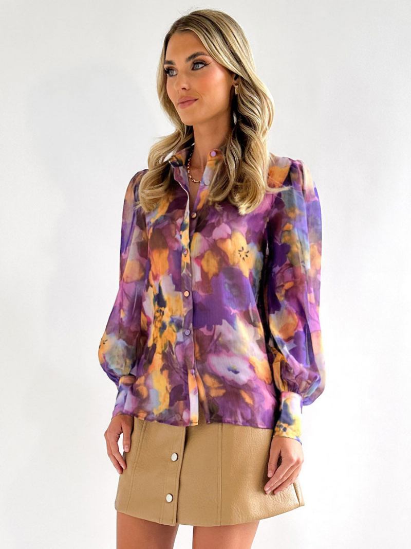 Camisa Floral Feminina Roxa Gola Aberta Casual Manga Comprida Tops - Roxo