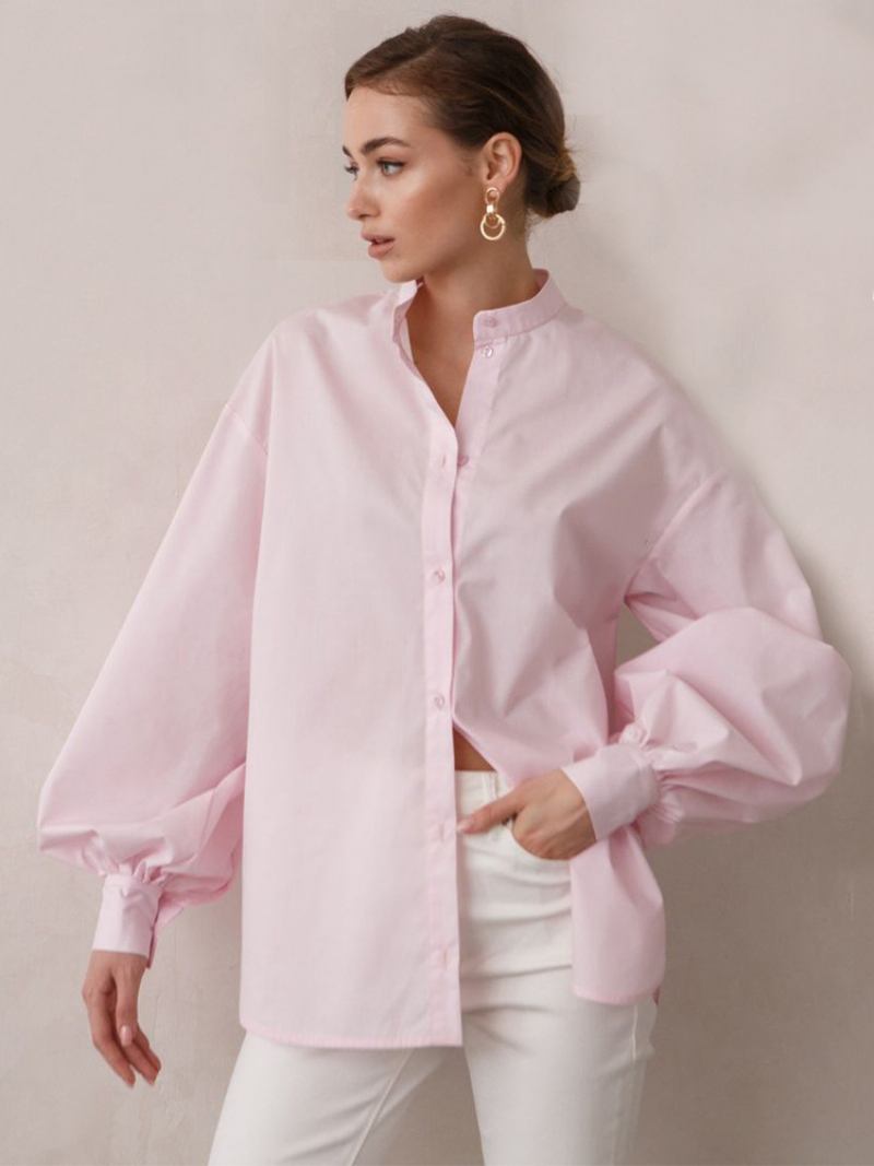 Camisa Para Mulheres Botões Brancos Gola Aberta Casual Mangas Compridas Tops - Rosa 