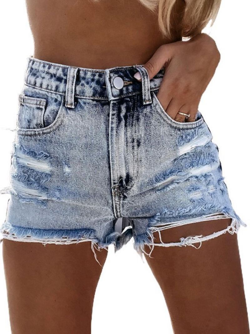 Calça Jeans Feminina Azul Claro Com Zíper Botões Retos Casual Cowboy Shorts