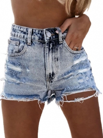 Calça Jeans Feminina Azul Claro Com Zíper Botões Retos Casual Cowboy Shorts