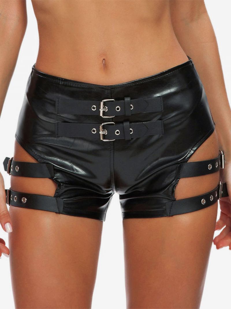 Clubwear Feminino Detalhes Metal Sexy Preto Couro Pu