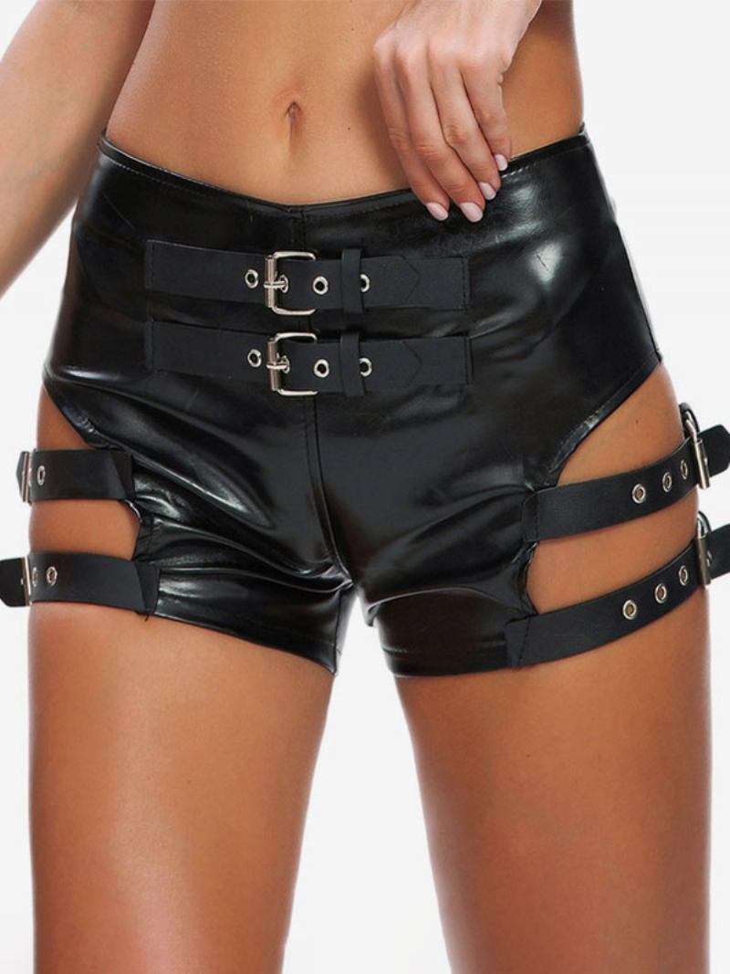 Clubwear Feminino Detalhes Metal Sexy Preto Couro Pu - Preto