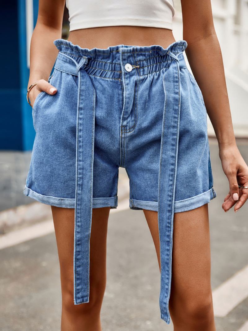 Shorts Feminino Casual Com Cadarço E Calça Jeans - Azul