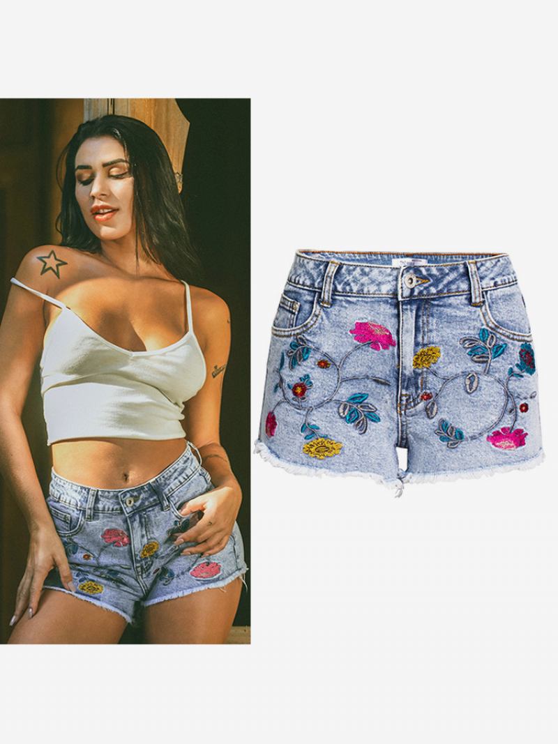 Shorts Feminino Chique Algodão Bordado - Azul Céu Claro